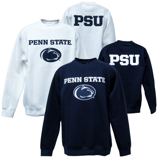 navy and white crew neck sweatshirts with Penn State & Athletic Logo on fronts, PSU on backs